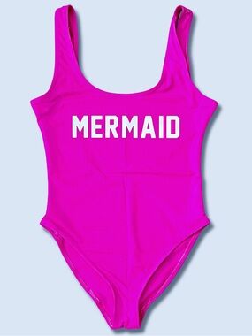 Mermaid One Piece Swimsuit Med High Cut Swim Neon Magenta Neon Retro Pool Beach